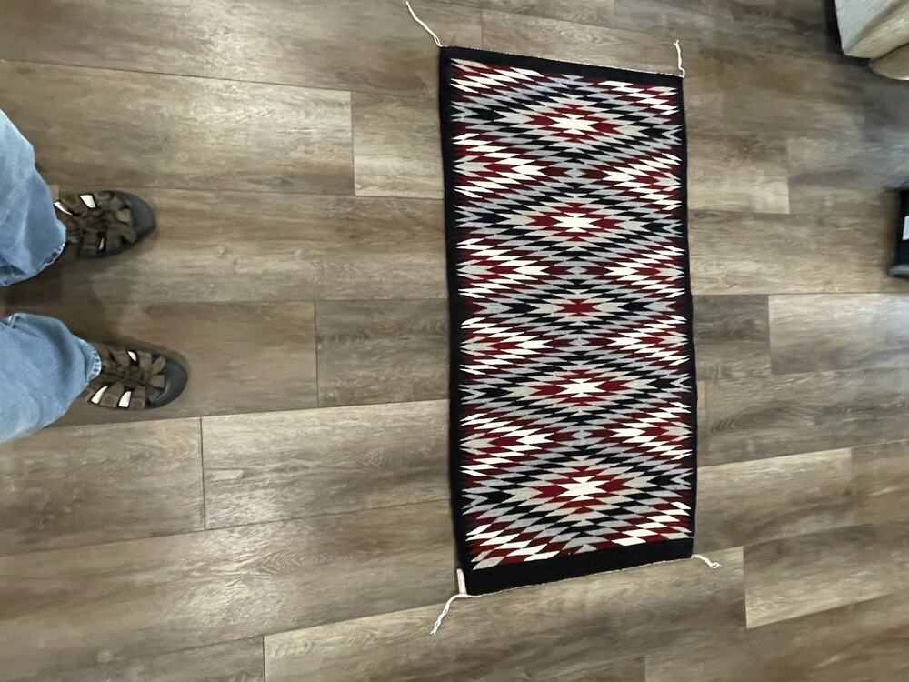 Navajo 50 X 27 Wool Rug NATIVE AMERICAN Weavers Name is on wood hanger included